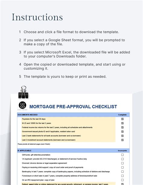 Mortgage Pre-approval Checklist in Excel, Google Sheets - Download ...