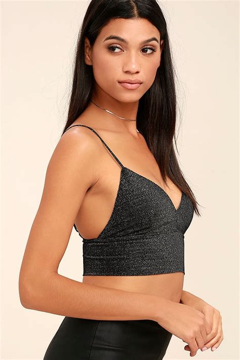 Sexy Black Crop Top Silver Glitter Top Bralette Top 31 00