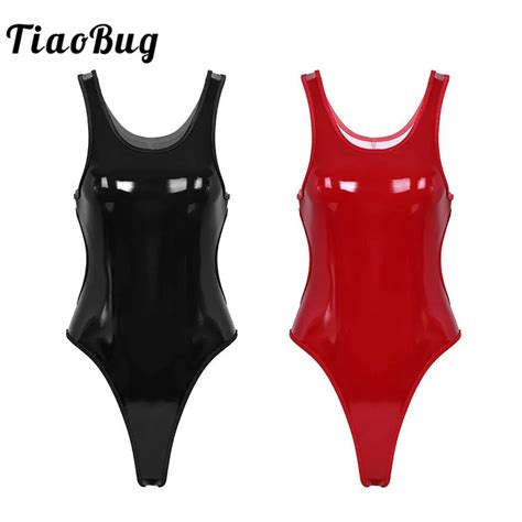 Tiaobug Adult Metallic Pu Leather Backless High Cut Thong Leotard