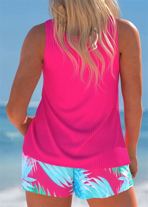 Tropical Plants Print Cut Out Hot Pink Tankini Set Rosewe USD