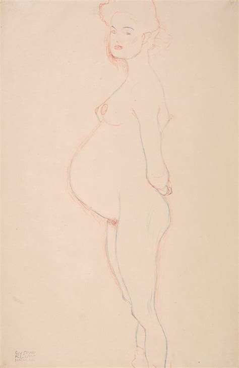 Standing Naked Pregnant Woman From The Left Her Arms Crossed Behind