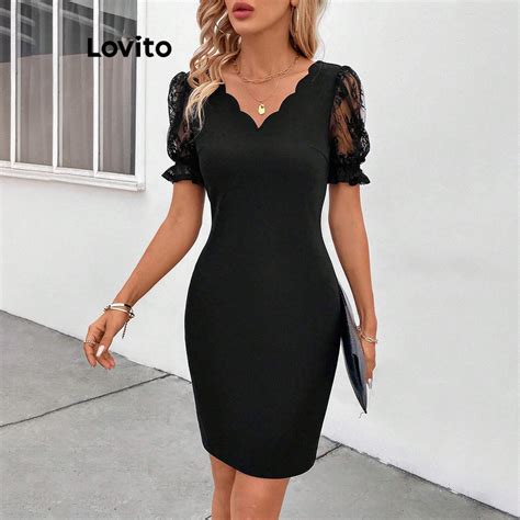 Lovito Vestido Elegante De Renda Simples Concha Para Mulheres