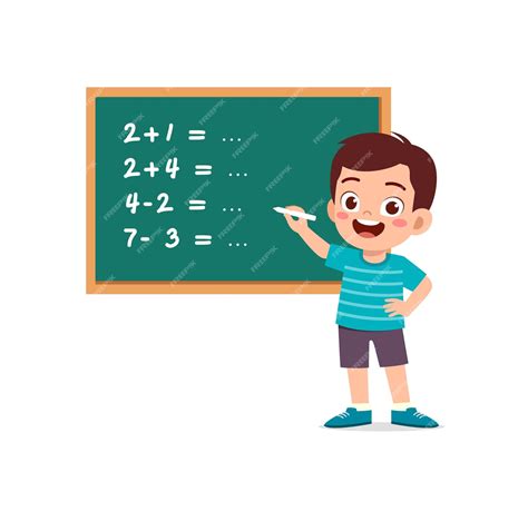 Premium Vector | Little kid solving math problem on blackboard