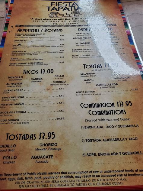 Menu At Fiesta Tapatia Restaurant Chicago W Cermak Rd