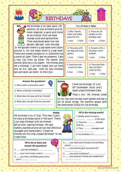 Birthdays Key Included Reading For… English Esl Worksheets Pdf And Doc