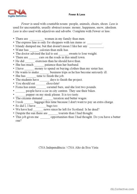 19 Fewer English ESL worksheets pdf & doc