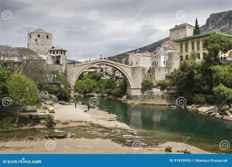 Panorama Of The Old Bridge In Mostar In A Beautiful Summer Day