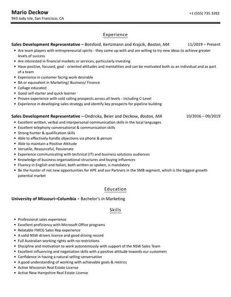 Sales Development Representative Resume Samples Velvet Jobs