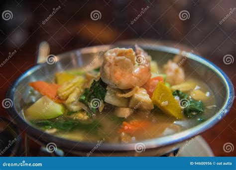 Spicy Mixed Vegetable Soup With Shrimp In A Pot Thai Food Stock