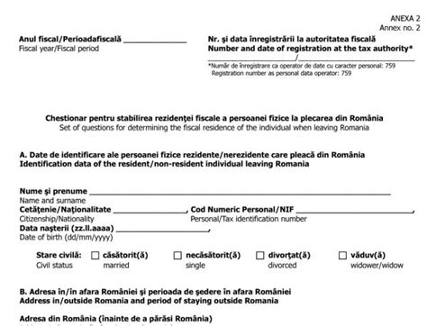 Chestionar Pentru Stabilirea Reziden Ei Fiscale A Persoanei Fizice La