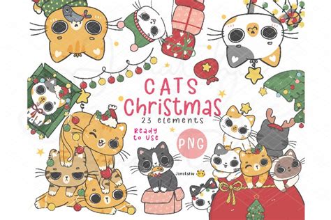 Kawaii Christmas Cats Clipart Set Cute Naughty Funny Kitten