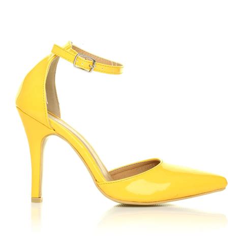 New York Yellow Patent Ankle Strap Pointed High Heel Court Shoes Size