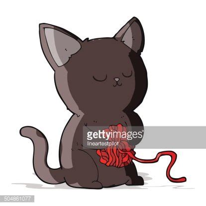 Cartoon Cute Black Cat Playing With Ball Of Yarn Stock Clipart