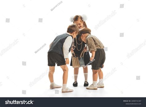 Portrait Three Children Boys Girl Retro Stock Photo 2204731347