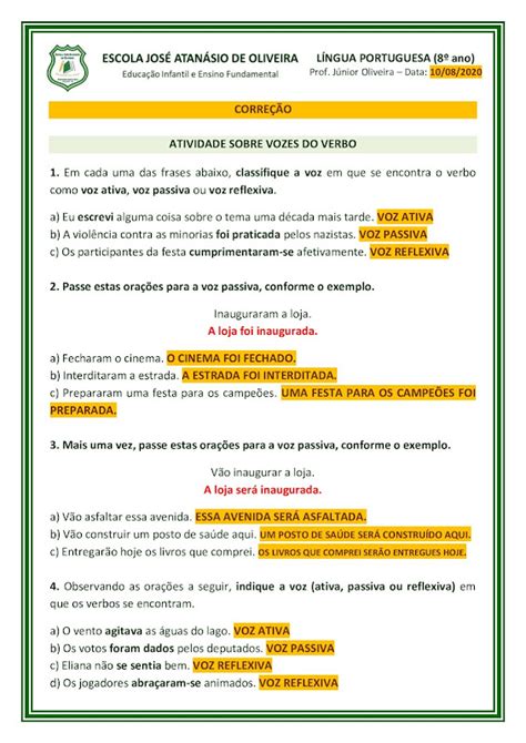 Vozes Verbais ConteÚdo E Atividade Com Gabarito 8º Ano