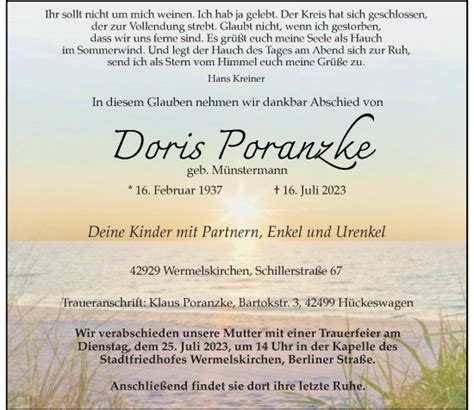 Alle Traueranzeigen F R Doris Poranzke Trauer Rp Online De