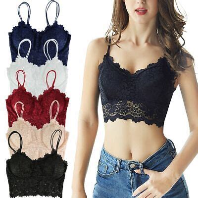 Women Sexy Bra Lingerie Lace V Neck Crochet Bralette Crop Top Cami Padded Tank EBay