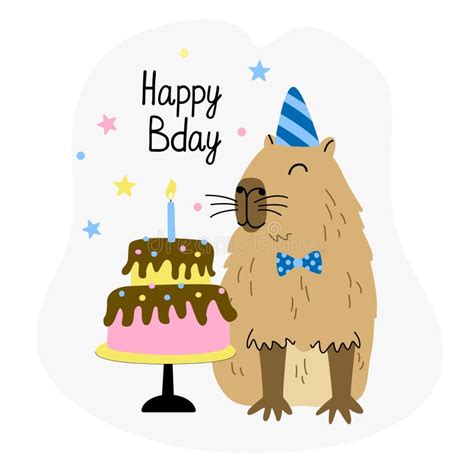 Greeting Card With Cute Capybara And Birthday Cake Stock Vector