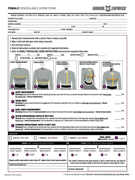 Fillable Online Female Sizing Form Armor Express Fax Email Print