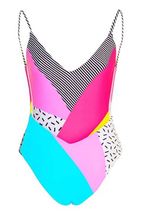 Topshop Synthetic 80s Patchwork Swimsuit In Purple Lyst