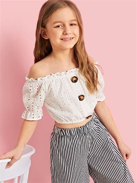 Shein Girls Button Detail Schiffy Embroidery Bardot Top Kids Dress