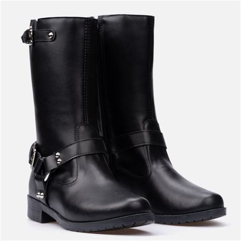 Bota Feminina Biker Cano M Dio Tratorada Fivelas Tend Ncia Preto