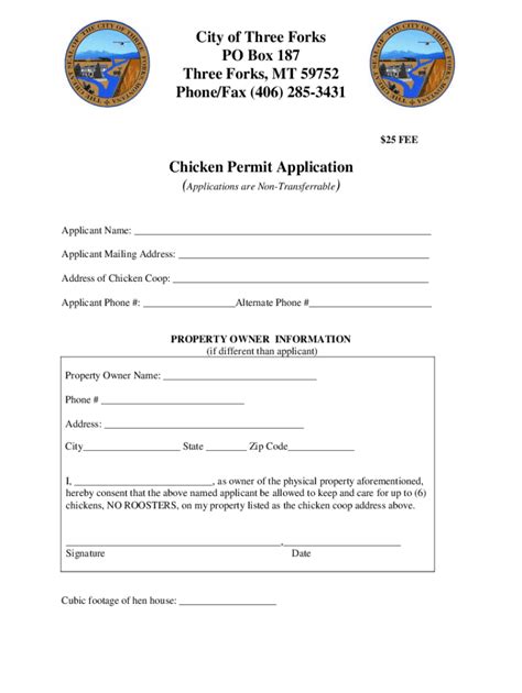 Fillable Online Chicken Permit Application City Of Three Forks PO Box