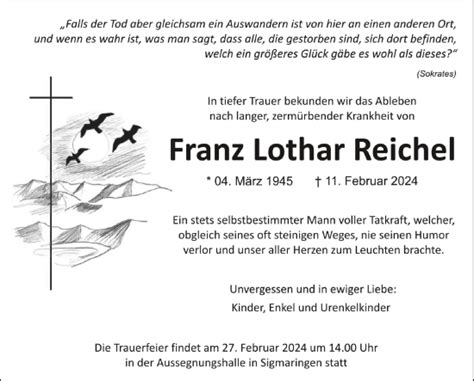 Traueranzeigen Von Franz Lothar Reichel Schwaebische De Trauerportal