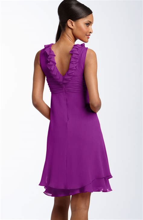 Purple Sheath Column V Neck Knee Length Zipper Flounced Chiffon