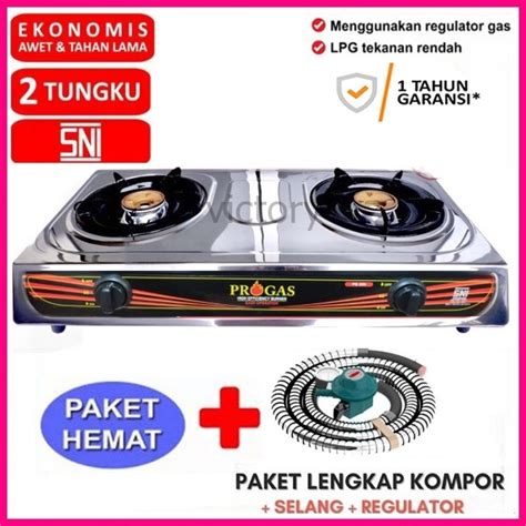 Jual Kompor Gas Progas 2 Tungku Stainless Stell Bonus Selang Paket