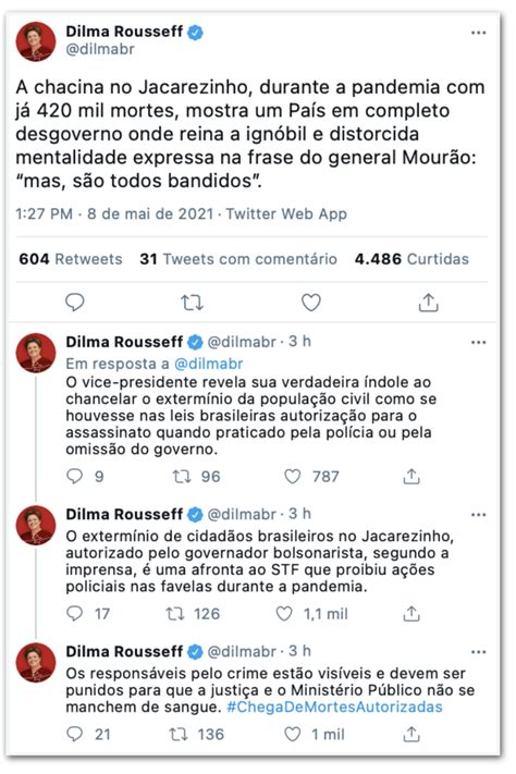 Dilma critica fala de Mourão sobre operação no Rio Chancela o extermínio