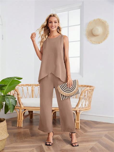 Emery Rose Solid Asymmetrical Hem Tank Top Wide Leg Pants Shein Usa