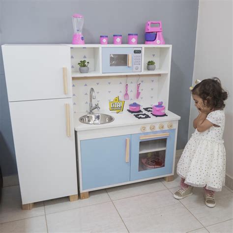 Cozinha Infantil C Pia Fog O Microondas Geladeira Azul Eita Casa