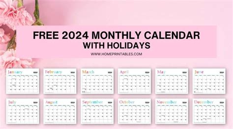 Free Printable 2024 Monthly Calendar With Holidays Pretty Style