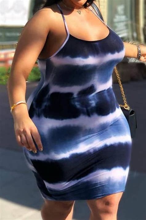 Wholesale Blue Fashion Sexy Plus Size Print Tie Dye Backless Spaghetti Strap Sleeveless Dress