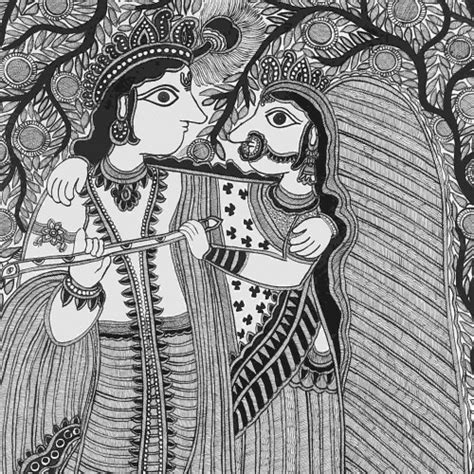 Buy Madhubani Radha Krishna Black And White Ethnic Handmade Mithila