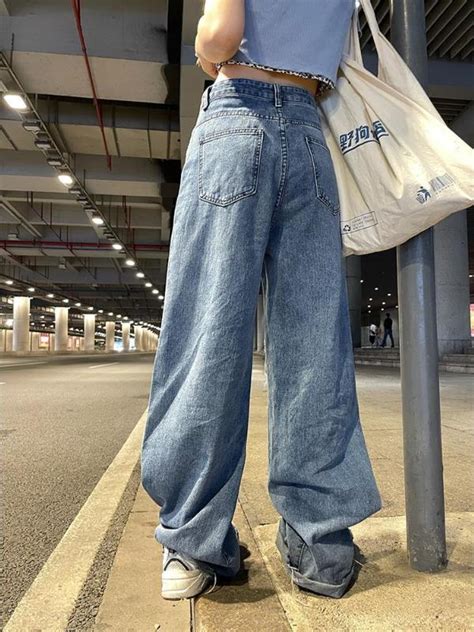 Streetwear Düz Pantolon Bayan Yırtık Kot Yüksek Bel Gevşek Geniş Bacak