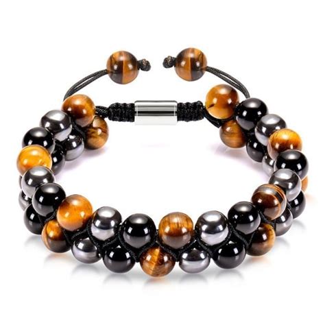 Bracelet 6 8MM Pierre Naturelle Oeil Tigre Onyx Noir Double Couche