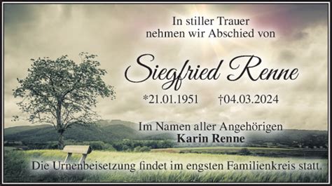 Traueranzeigen Von Siegfried Renne M Rkische Onlinezeitung Trauerportal