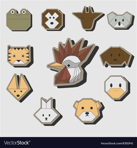 Cute origami animals stickers icon set Royalty Free Vector