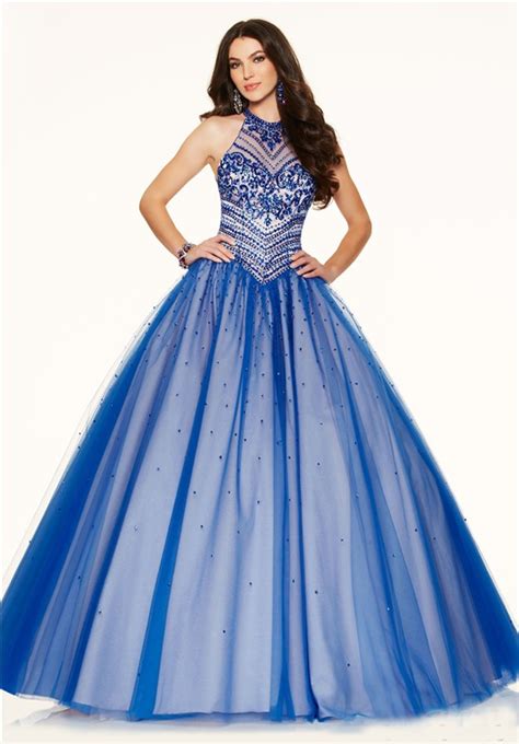 Ball Gown High Neck Open Back Royal Blue Tulle Beaded Corset Prom Dress