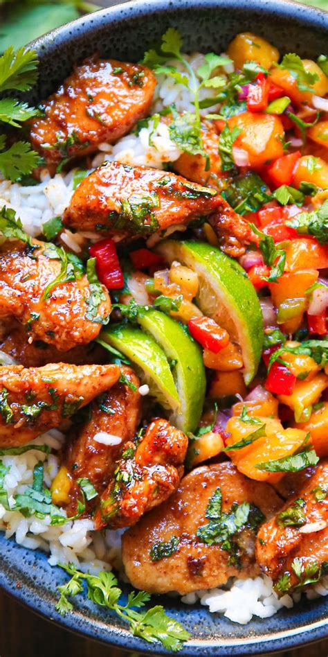 30 Minute Cilantro Lime Honey Chicken Bowls With Peach Salsa And Rice Healthy Bowls Recipes