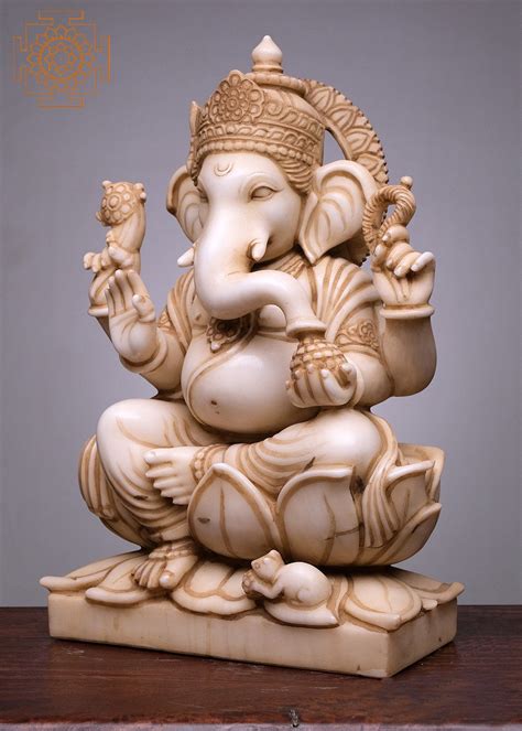 Lord Ganesha Seated On Lotus Handmade White Marble Ganesh