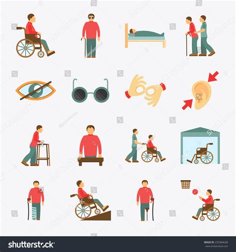 Disabled People Care Help Assistance And Accessibility Flat Icons Set