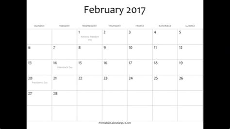 February 2017 Calendar Printable With Holidays In Word Pdf Youtube