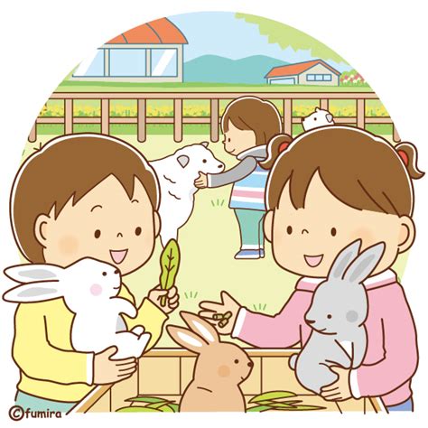 どうぶつとふれあう子供たちののイラスト（ソフト） 子供と動物のイラスト屋さん わたなべふみ