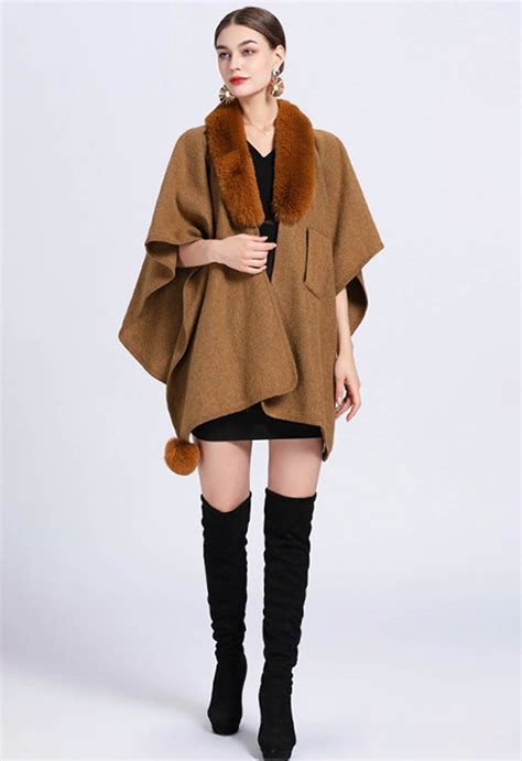 Faux Fur Collar Reversible Poncho In Camel Retro Indie And Unique Fashion