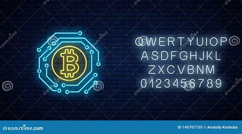 Neon Bitcoin Currency Sign With Electronic Circuit Cryptocurrency