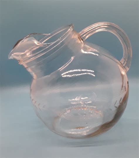 Vintage Tilted Ball Pitcher Clear Glass With Etched Leaf Etsy