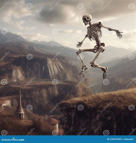 Human Skeleton Falls Down from Steep Cliff Against Backdrop of Mountain Landscape, Stock ...